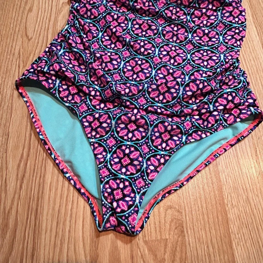 Catalina Womens XL Pink Blue Geometric Medallion Ruched One‎ Piece Swimsuit